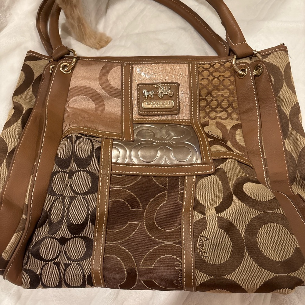Coach Patchwork Signature Shoulder Bag in Brown and Tan